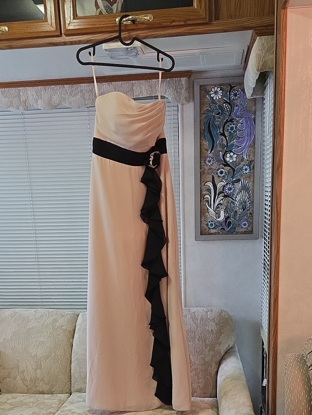 Alexia Designs Blush and Black Strapless Gown with Ruffle Trim